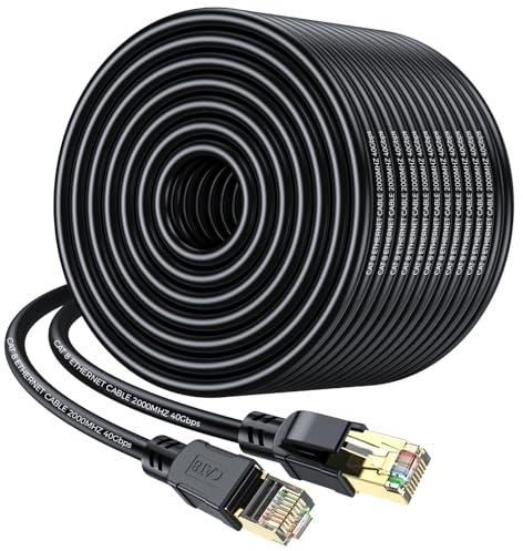 CCRANOO Cable Ethernet Cat 8 50m de alta velocidad, resistente 26AWG Cat8, 20 Gb/s, 2000 MHz con conector RJ45 chapado en oro, cable de Internet exterior e interior, compatible con router, módem de