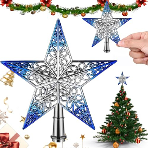 Étoile Cimier de Sapin de Noël Scintillante | Pointe de Sapin Légère à Structure Ajourée | Installation Sereine & Stable | pour Sapin et Maison Fêtes [Bleu argenté] 20cm