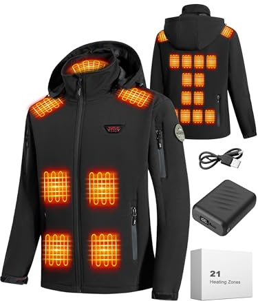 Diraeen Heated Jacket for Men, 21-Zone Heating Jacket with 20000mAh Power Bank, 3-Temp Control, Machine Washable, for Outdoor, Hiking, Work, Black, L