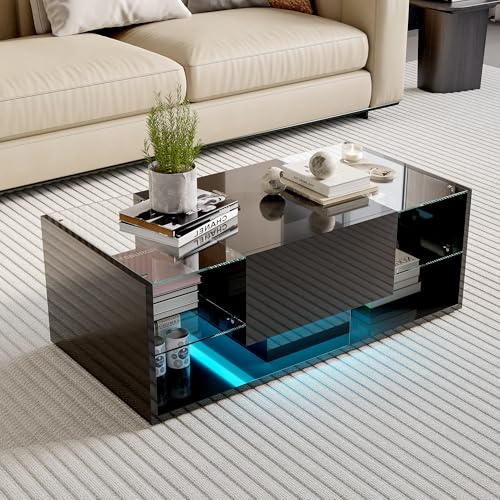 BursDany Table Basse Brillante à LED (100x50x35 cm) - 4 Étagères en Verre et Tiroir de Rangement, Table de Salon Moderne, pour Salon/Chambre à Coucher, Noir