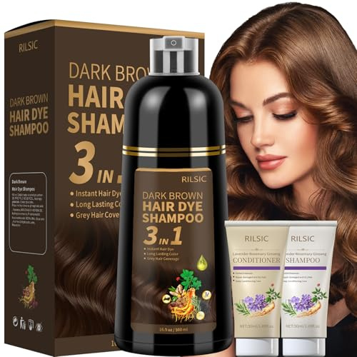 500ML Dark Brown Hair Dye Shampoo 3 in 1, Herbal Instant Color Shampoo for Women & Men - Natural Dark Brown Colour, Quick Grey Coverage（Includes 100ML Shampoo and Conditioner Set））