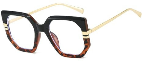 YAMEIZE Glasögon blå retro överdimensionerade sexkantiga dam herr stora fyrkantiga blå ljusglasögon med metallram, Svart Transparent Leopard, 52-12-142