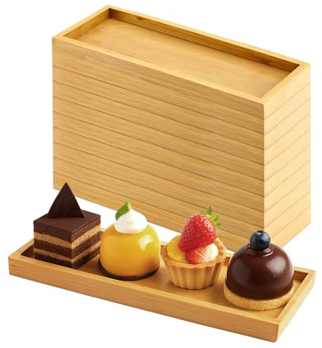 10 Pack Bamboo Wood Serving Trays, Rectangular Wooden Platters | 29x10x2cm Slender Size; Natural Grain Finish; Raised Edges to Prevent Spills; Multipurpose for Food, Candles & Guest Towels
