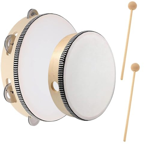 Kindertrommel Set, 4-teiliges Musikinstrument mit 2 Handtrommeln und Tamburin, Ideal für Kinder ab 3 Jahren, Musikunterricht und Familienmusikzeit, 15 cm und 10 cm Durchmesser ﻿