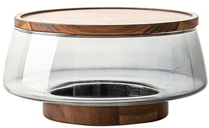 Saladier en bois d'acacia et verre - Grand plat de service à fruits avec base - Idéal pour les salades, les apéritifs et les collations - Design élégant pour la maison et les fêtes