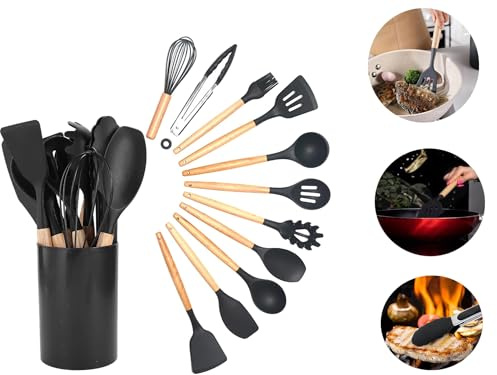 Juego Utensilios de Cocina de Silicona 12 Piezas sin bpa, set de utensilio de cocina antiaderente, Resistente al Calor y Antiadherente con Mango de Madera para cocina Utensilios sin BPA (GRIS)