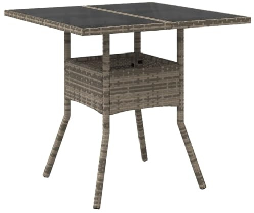 HETFTJN Tavolo da giardino 80 x 80 cm, in polyrattan con piano in vetro, resistente ai raggi UV, robusto per giardino, terrazza e balcone, grigio