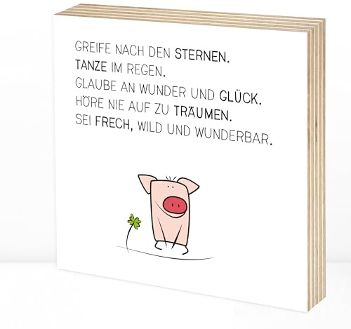 Wunderpixel® Holzbild Glück-Schwein - Greife nach den Sternen 15x15x2cm zum Hinstellen/Aufhängen, echter Fotodruck mit Spruch/Illustration auf Holz - Wand-Bild Aufsteller Dekoration Geschenk-Idee