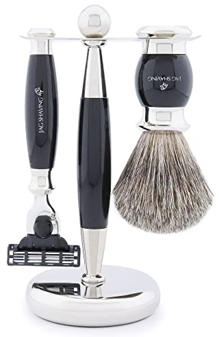 Jag Shaving Rasierset - 3-teiliges Rasierset mit Rasierpinsel - 3 Rasierklingen Rasierhobel - Super Dachshaar Rasierpinsel - Rasierständer - Schwarz Rasierset als Geschenkset