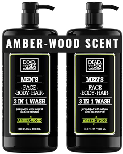 Dead Sea Collection Mens Shower Gel 3 in 1 with Amberwood Oil and Dead Sea Salt - Body Wash, Shampoo for Men, Face Wash - Pack of 2 (1000 ml. each)