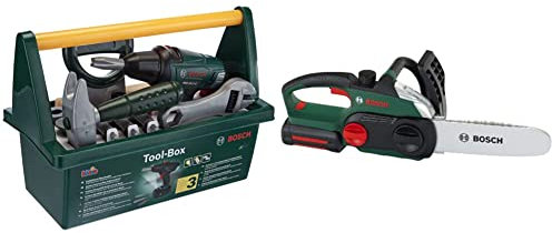 Theo Klein 8429 Bosch Werkzeug-Box | Mit Säge, Hammer, Zange und vielem mehr & 8399 Bosch Kettensäge | Originalgetreue, kindgerechte Nachbildung | Batteriebetriebene Säge mit Licht- und Soundeffekten