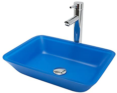 SHUGUANG Lavabo Vasque en Verre Trempé, Mat Vasque à Poser en Verre Trempé Rectangle Lavabo Lave-Mains Artistique Lavabo Vasque a Poser avec Robinet Chromé Laiton, 460×330×110mm,Bleu