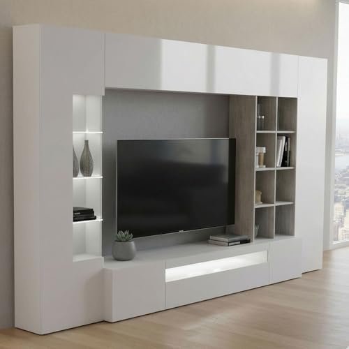 Dmora Parete Attrezzata Iago 40x290x192h cm Bianco Lucido 20 Ripiani Apertura Battente e a Ribalta, 6 Ante Made in Italy