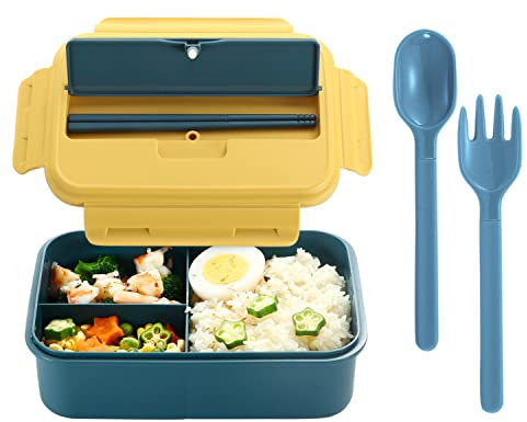 YAGGOOD Lunch Box, Bento Box for Kids Adults, Food Container with 3 Cutlery Set Compartments Lunchbox, BPA Free (Blue-Yellow)