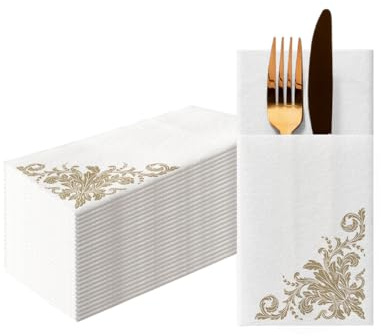 PAW Stoffähnliche Besteckservietten 1/8-Falz, 25 Stück - Goldenes Ornament | Fertig gefaltete Bestecktasche zum schnellen Eindecken, aus Airlaid-Material, reißfest, für Hochzeit, Kommunion und Taufe