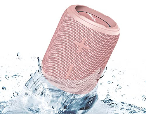 KOVE Mini Commuter 2 - Altavoces Bluetooth rosados, inalámbricos con volumen HD más fuerte, subwoofer de graves profundos, micrófono, resistente al agua IPX7, caja de brazo perfecta para el hogar, al