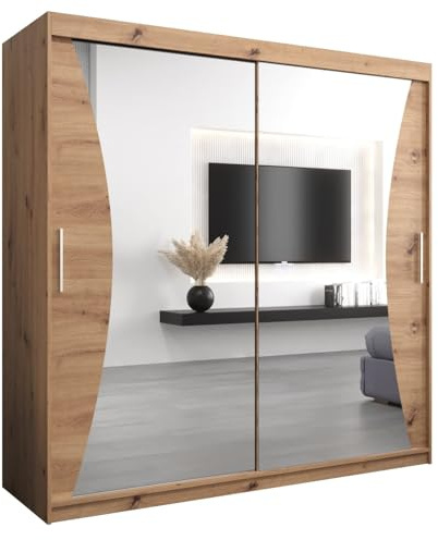 MEBLE KRYSPOL Kleiderschrank mit Spiegel Monaco - Garderobenschrank - Schrank Schlafzimmer - Mehrzweckschrank Zwei Schiebetüren - Regalen - Flur Möbel - Kleiderstange Schrank - Allzweckschrank