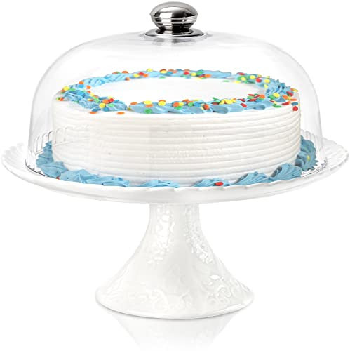 ZENFUN Présentoir à gâteaux en porcelaine de 30,5 cm avec couvercle en plastique - Pour cupcakes, desserts, collations, cookies, fête d'anniversaire, mariage
