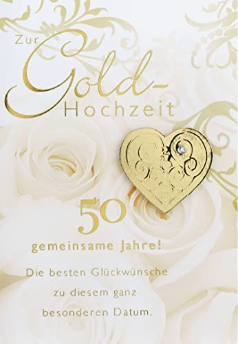 Perleberg - Karte zur Goldhochzeit mit Goldherz-Applikation - Glückwünsche zur goldenen Hochzeit mit Umschlag - Karte in 11,6 x 16,6 cm