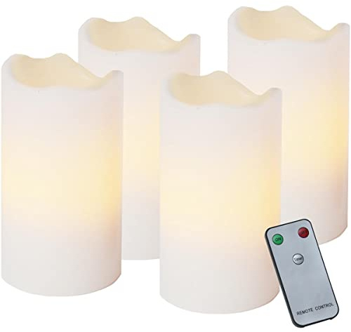 LED Kerzenset - Echtwachs - flackernde LED - Timer - Fernbedienung - 4er Set (weiss)