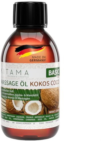 Kitama Massageöl Kokos 250ml - Authentisches Thai Aromaöl, made in Germany | Exotischer Duft frischer Kokosnüsse für pflegende Anwendungen daheim & in Thaimassage. Haut- plus Körperpflege für Wellness