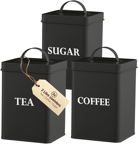 andrew james Tea Coffee Sugar Canisters Set for Home or Office, Vintage Style Kitchen Storage Set, Rust Resistant Powder Coated Tea Caddies, Store Coffee Granules Teabags Sugar