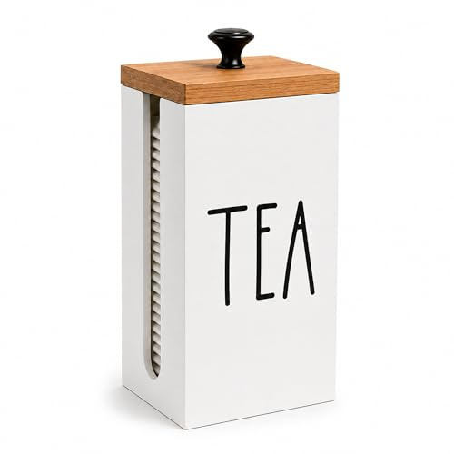 Tea Bag Holder, Farmhouse Tea Caddy, Wood Tea Bag Storage Organizer, Tea Containers with Lid, Tea Bag Dispenser, Tea Canister, Tea Accessories, Great for Tea Bars and Tea Gifts (White)