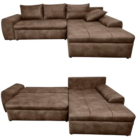 Vintage Ecksofa mit Schlaffunktion und Bettkasten B266/T186/H90 cm, Wellenunterfederung, Ottomane rechts, gemütliche Lounge Couch mit Mikrofaser-Stoff in Leder-Optik Braun / 18011