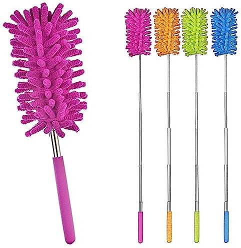 KAV Pack of 3 Extendable Multifunctional Telescopic Microfibre Cleaning Duster Feather Brush - Soft Removable Head, Alloy Steel Handle - Extendable Handle Random Colour (27-75cm)