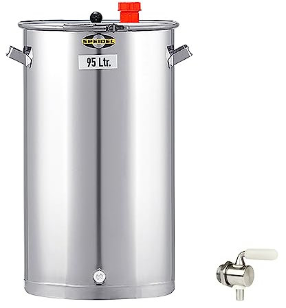 Gärbehälter Edelstahl 440 mm D, 95 Liter inklusive V2A Ablasshahn, Universalfass V2A Edelstahl für Lagerung, Transport und Vergären von Most, Wein, Saft, Gärfass Edelstahl 95L