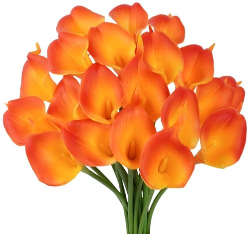 VaryFloral 20pcs Artificial Calla Lilies Orange Fake Flowers Long Stem Artificial Flowers Wedding Bouquet Real Touch Calla Lily Flowers for Bridal Bouquet Arrangement Home Hotel Decoration Garden
