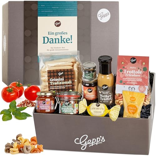 Gepp’s Feinkost Danke-Box Geschenkkorb I Gourmet Geschenkset | Firmengeschenk für Mitarbeiter & Kollegen I Mit vielen Delikatessen I Pasta I Trüffelsauce I Pesto I Amaretto