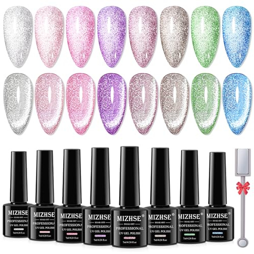 MIZHSE Cat Eye Gel Nail Polish with Magnet 8 Colors Magnetic Gel Nail Polish Kit 9D Holographic Magnetic Glitter Set Soak Off UV LED Kit for Home DIY Manicure Salon