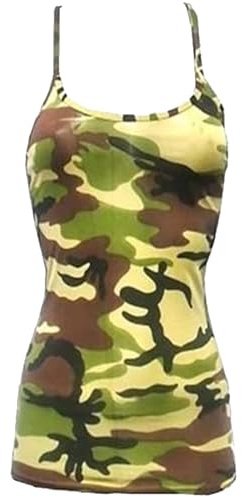 Crazy Chick® Ladies Basic Solid Camisole, Womens Plain Stretchy Adjustable Sleeveless Cami Strappy Vest Top Sizes 8-16, (Camouflage Print-Polyester-8)
