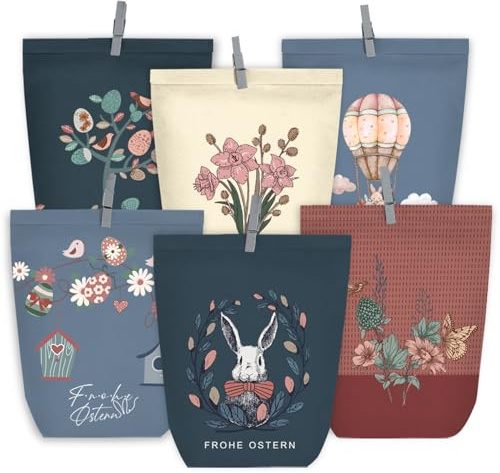 KOHMUI Geschenktüten Ostern, 12 Ostertüten zum Befüllen, Bunt Bedruckte Tüten mit Klammern, Karikatur Osterhasen Basteln Set
