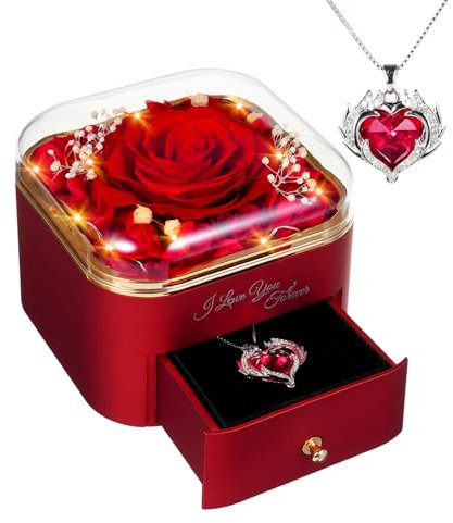 Evigt bevarad ros, gåva för alla hjärtans dag till henne, din fru, flickvän, dotter, mamma, evig blomma, presentförpackning med halsband, present för kvinnor, på födelsedagen, mors dag, årsdagen