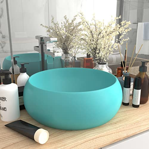 FOZICV LuxuriöSes Waschbecken Rund Matt Grün 40x40x15 cm Keramik Aufsatzwaschtisch Badmöbel Washbasin Aufsatzwaschbecken Rund Spülbecken Rund Lavabo Bathroom Sink