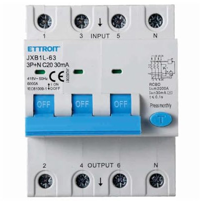 Interruttore Magnetotermico Differenziale Trifase 30mA, 3P+N 6KA 380V, Occupa 4 Moduli DIN, RCBO 3P+N 30mA C20 20A