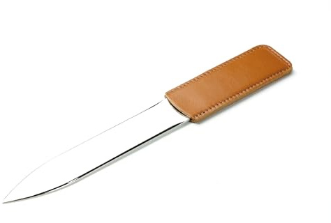 DELMON VARONE - Personalisierbarer Brieföffner 22cm mit Leder-Griff Premium Boxcalf Leder in Braun - Hochwertiger Metall Brief-Öffner Messer edel, modern - Letter Opener mit Gravur & Namen