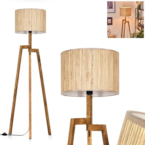 Bongal golvlampa, golvlampa av trä/sjögräs i natur/beige, lampa i skandinavisk design med rund skärm (Ø 40 cm) och fotbrytare, höjd 162 cm, 1 x E27, utan glödlampa