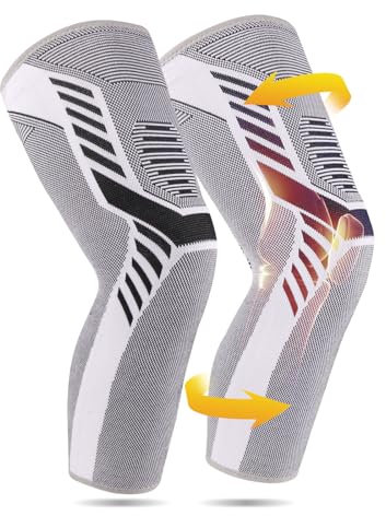 yeloumiss Kniebandage Lang für Damen und Männer 2 Stück Kniestütze mit Anti Rutsch Silikon Knie Stützbandage für Sport Laufen Arthrose Meniskus Knie Schmerzen (Grau, XXL)