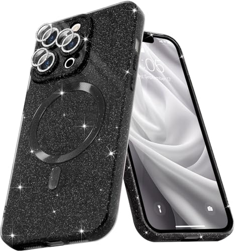 Micoden Magnetisch Glitzer Hülle für iPhone 13 Pro Max Diamond Kameraschutz | Diamant Kamera Schutzfolie, kompatibel mit MagSafe, Dünne Silikon TPU Handyhülle Mädchen Stoßfeste Schutzhülle, Schwarz