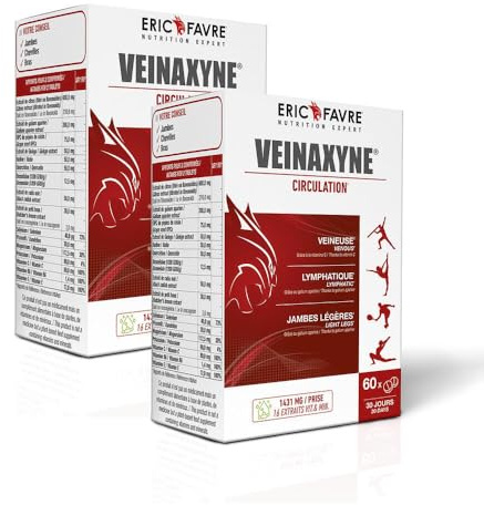 CIRCULATION SANGUINE JAMBES VEINAXYNE - Action Drainante Jambes Lourdes, Chevilles Gonflées - Circulation Sanguine, Jambes Légères - Lot de 2 x 60 Comprimés - Eric Favre