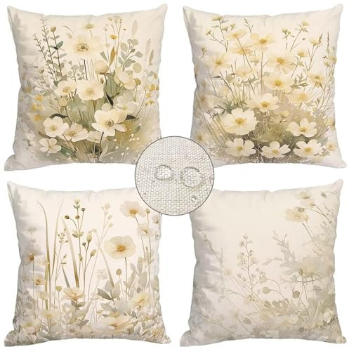 Outdoor Kissenbezug 75x75cm 4er Set, Beige Blume Dekorativen Kissenbezüge, Quadrat Leinen Kissenbezüge Outdoor Kissenbezüge Wasserfest Atmungsaktiv Kissenbezugen für Schlafzimmer, Sofa, Garten WT-92