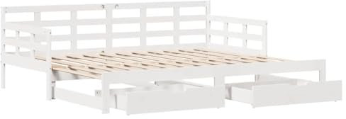 vidaXL Tagesbett, Bettsofa Ausziehbar mit Schubladen, Gästebett ohne Matratze mit Lattenrost, Ausziehbett Schlafsofa, Weiß 80x200cm Massivholz Kiefer