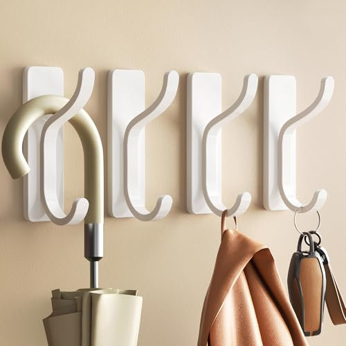 pickpiff Self Adhesive Hooks for Hanging: Heavy Duty Stick On Hooks (Hold 6KG), Coat Hook,Towel Hooks for Bathroom,Door Hooks Hanging Towel, Kitchen Hook,Metal,White 4 Pack