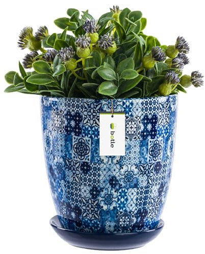 botle Blumentopf Rund Lange Keramik Ø 18,5 cm H 20,5 cm Blau Mosaik mit Rund Standfuß glänzendem modernem Finish handbemalt einzigartiges Muster, Sukkulenten Geranien Grünpflanzen
