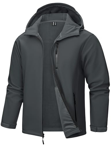 TACVASEN Outdoorjacke Herren Wasserdicht Atmungsaktiv Übergangsjacke Winddicht Softshell Jacke Thermo Fleece Gefüttert Windbreaker mit Kapuze Dunkelgrau, XL