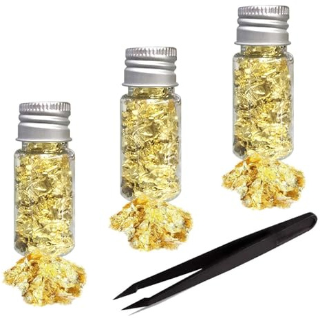 Funngy Gold Foil Copper Leaf,3 PCS Gold Foil Flakes Gold Leaf Metallic Foil Flakes 5g Foil Flakes with Tweezer for Slime and Resin Jewelry Making Nail Art Painting DIY Craft