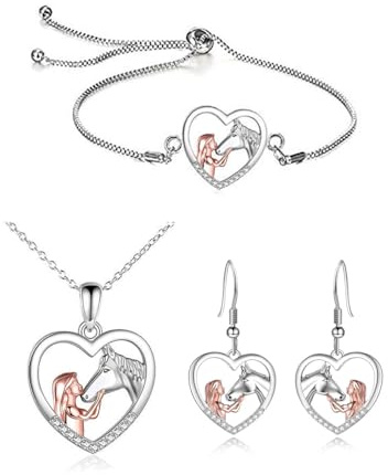 FDCGAS Lot de 3 colliers pour fille et cheval, bracelet, boucles d'oreilles en argent avec pendentif en forme de cœur, cadeau pour fille, petite amie, épouse, mère, fille, amoureux des chevaux